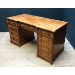 C19th/20th blonde oak pedestal desk, one central drawer, flanked by 5 drawers, to either pedestal,