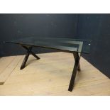 Glass top table with wood X-frame base, 180L x 82W cm