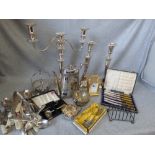 Pair Silver plated candlesticks, quantity of various silver plate & carriage clock