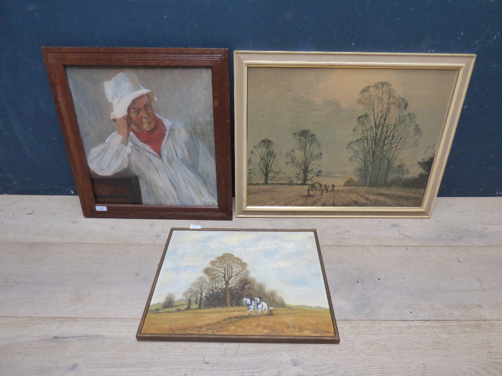 Early C20th oil on board, 'Man in white smock and red scarf', 46 x 43 cm and 2 other pictures