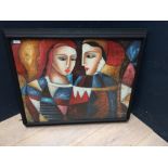 A Modern school, abstract oil painting portrait of 'Masquerade Ladies', 60 x 76 cm