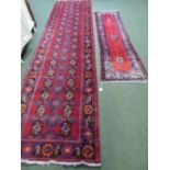 2 Middle Eastern red ground runners, 62x221cm; 110x400cm; Pair blue and white lined curtains with