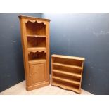 Pine 4 shelf bookcase 102H x 92W & pine corner cupboard 196H x 74W cm