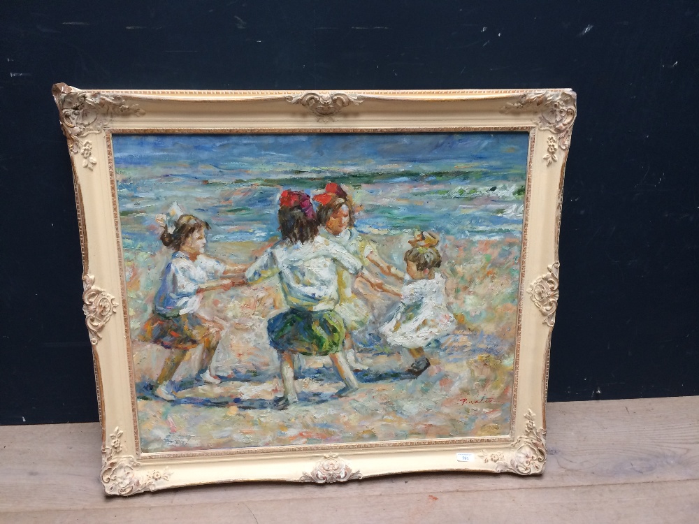 A swept framed Impressionist style oil painting of 'Children at the seaside playing Ring a Ring o'