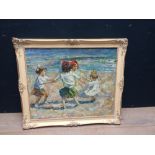 A swept framed Impressionist style oil painting of 'Children at the seaside playing Ring a Ring o'