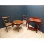 2 beregere bedroom chairs (possibly fruitwood), 1 wash stand & 1 round table with sliding shelves