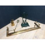 Brass: jug, long handled brass fire shovel & cast iron stick stand (damaged) and brass telescopic