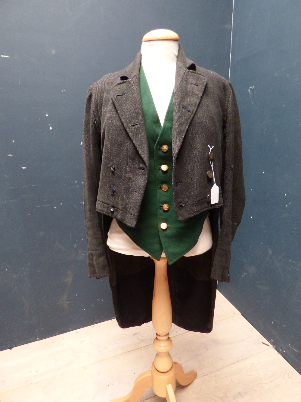 Gentlemans black swallow tail coat bears label HH Limited (some wear), and green waist coat, with