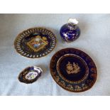 Meissen pin tray, Royal Crown Derby vase, Dresden plate & Limoges plate