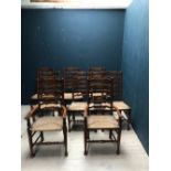 8 oak rushed seated ladder back chairs, (6+2carvers)