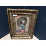 An Oriental school, gilt framed oil painting portrait of a 'Geisha Girl' 25 x 15.5 cm