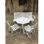 Cast iron & wooden white painted garden bench with 2 single chairs/garden table