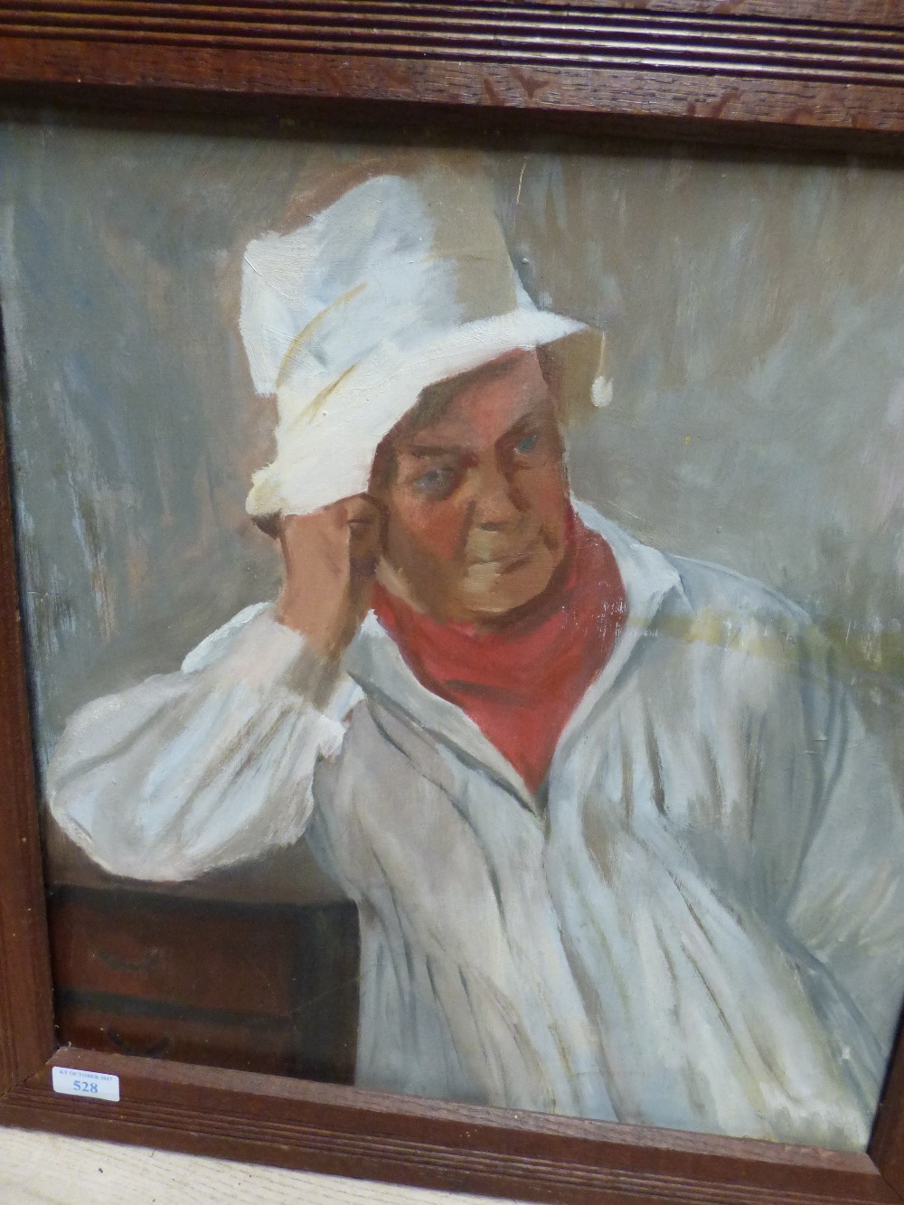 Early C20th oil on board, 'Man in white smock and red scarf', 46 x 43 cm and 2 other pictures - Image 2 of 4