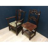 Heavy carved oak armchair, bearing carving '1789' & another oak chair