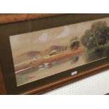 JOHN FOX, watercolour, naive 'Riverside harvest scene' S. L. R. framed & glazed, 24 x 54 cm tapestry