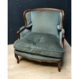 French fruitwood Louis XV style chair upholstered in blue/grey fabric