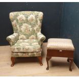 Parker Knoll wing armchair & Edwardian oak covered music stool