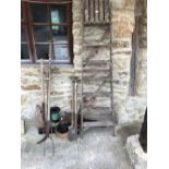 Qty of various garden tools & wooden step ladder
