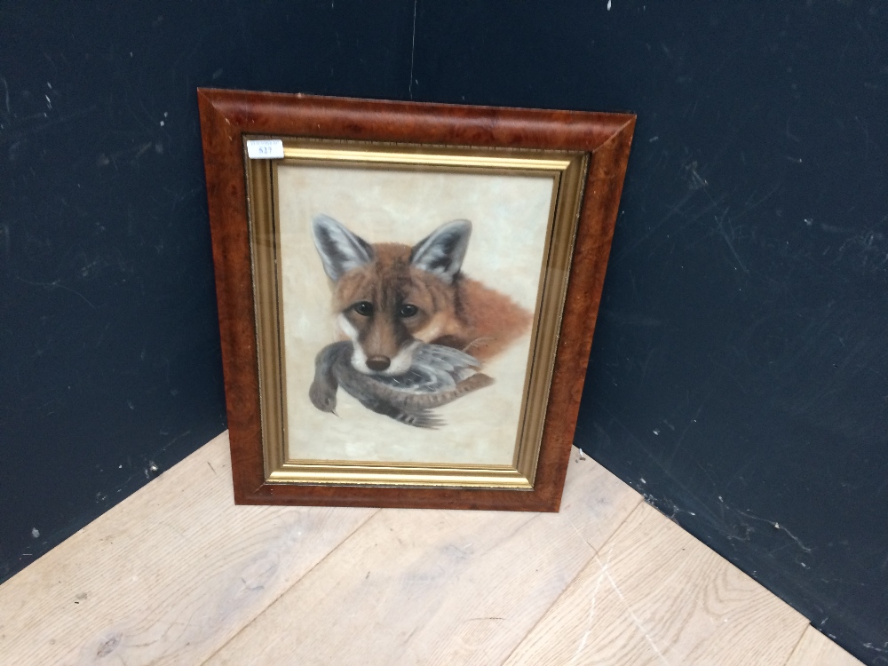 A dark wood veneer framed oil painting of a Wildlife study of a fox and game bird', 41 x 31 cm