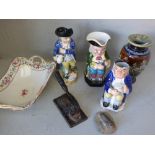 Qty of china, incl. Toby jugs (some damage), Staffordshire Derby, Doulton Lambeth vase, fossil & a
