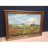 WINIFRED ARNOLD, naive oil on canvas "Harvest scene" S. L. L., framed, 51 x 76 cm