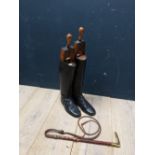 Gentleman's black leather hunting boots with trees & pulls, and a hunting whip