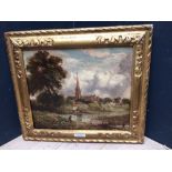 Manner of Constable, C19th oil on wood panel "Salisbury Cathedral" in gilt frame, 26 x 32 cm
