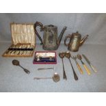 Box containing tobacco pipes & rack, lighters, ashtrays, box of coins & defence medal, vintage