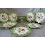 English porcelain service of 6 side plates, comport and dish, in a green and floral pattern