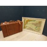 Quality light tan leather suitcase with straps and double locks & a geological map of Berkshire