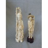 2 Chinese carved ivory figures, 1 of scholar & fisherman
