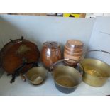 Two salt glazed stoneware barrels, 3 brass and wrought iron preserve pans, and an S Nye & Co knife