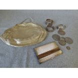 3 hallmarked silver napkin rings & silver plated card case, evening bag & various coins