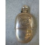 Hallmarked silver hip flask with embossed rowing scene, Molesey Regatta 14 July 1888, London
