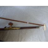 Walking cane with 9 ct gold collar, and hardwood opium pipe