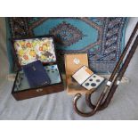 2 walking sticks (1 with silver mounts), Middle Eastern prayer mat with turquoise background & 1