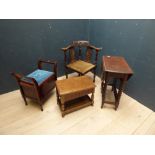 Mahogany commode, small gateleg table, pine stool containing sewing box & oak decorative corner