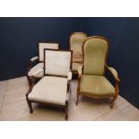2 pairs of chairs with wooden frames & cream upholstery