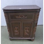 1960's Chinese hardwood drinks cabinet with carved oriental scenes decoration 90H x 74W cm