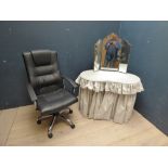 Office desk chair and kidney shaped dressing table with mirrors, drawers & fabric cover