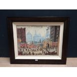 Harris, Busy Street Scene, with figures in the manner of LS Lowry, colour print