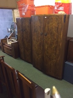 2 walnut 1930s wardrobes, matching dressing table and bedside cabinet