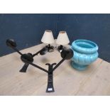 Pair of cast iron wall brackets, fitted for electric, pair of cast iron table lamps and shades,