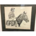 M Thornley pencil sketch, Lester Piggott "Solinus", signed and dated 1981, framed & glazed, 62x52cm