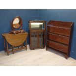 Oak gate leg table, Edwardian glazed fronted bookcase, oak free standing book shelves & Victorian