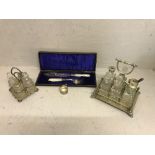 2 silver plate cruet sets, hallmarked silver napkin rings & plated fish set