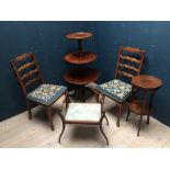 Mahogany dumb waiter, pair of chairs with tapestry seats, stool & occasional table