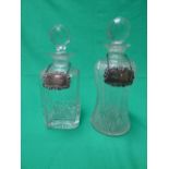 A square cut glass whisky decanter & stopper, a thistle shaped decanter & stopper and two hallmarked