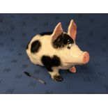 Large Wemyss black & white pig with pink ears & eyelash detail, impressed 'Wemyss ware R. H. & S.'