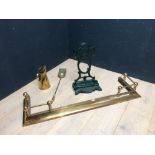 Brass jug, long handled brass fire shovel & cast iron stick stand and brass telescopic